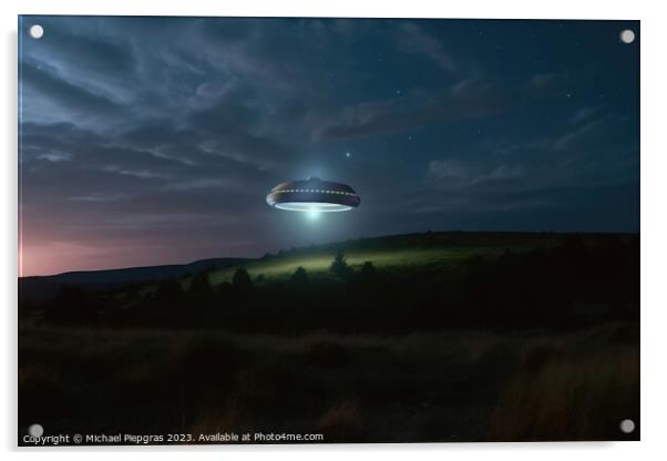 A UFO with a spotlight pointed at the bottom of the landscape -  Acrylic by Michael Piepgras