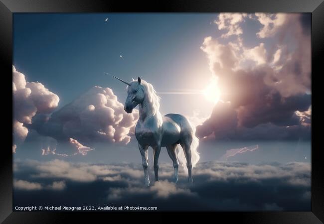 A unicorn in the sky created with generative AI technology. Framed Print by Michael Piepgras