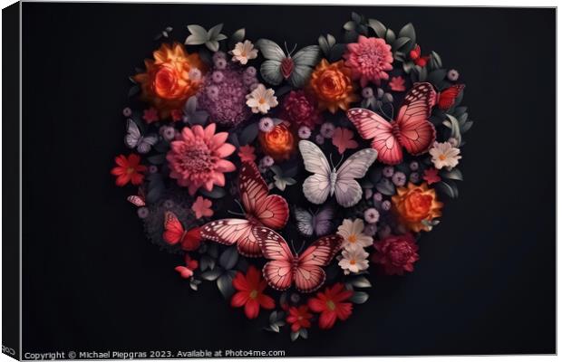A Valentines Day Heart of Flowers and Butterflies on a Dark Back Canvas Print by Michael Piepgras