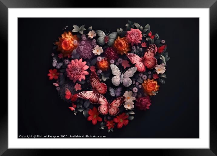 A Valentines Day Heart of Flowers and Butterflies on a Dark Back Framed Mounted Print by Michael Piepgras