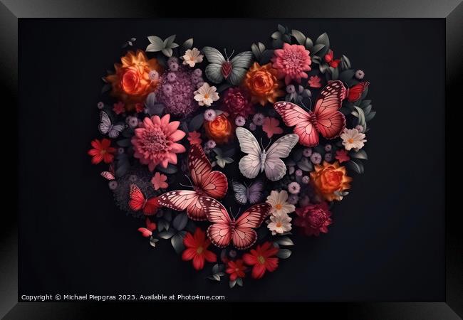 A Valentines Day Heart of Flowers and Butterflies on a Dark Back Framed Print by Michael Piepgras