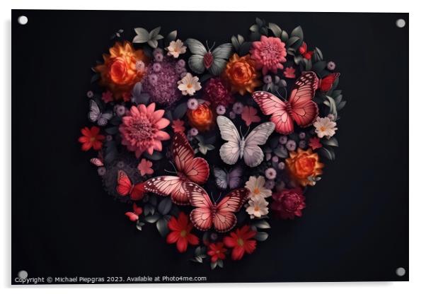 A Valentines Day Heart of Flowers and Butterflies on a Dark Back Acrylic by Michael Piepgras