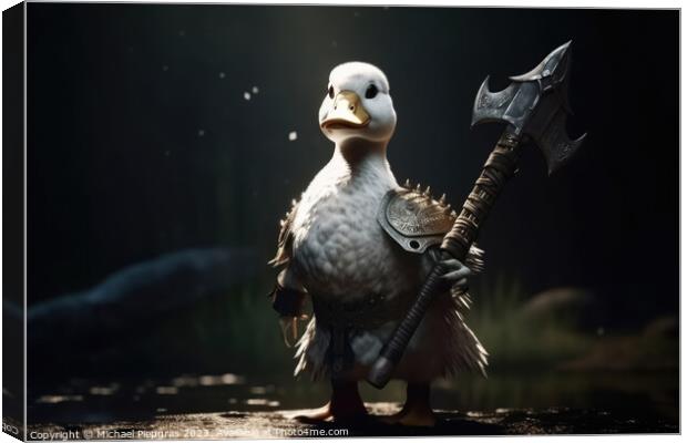 A white duck as a barbarian with a big axe and shining armour cr Canvas Print by Michael Piepgras