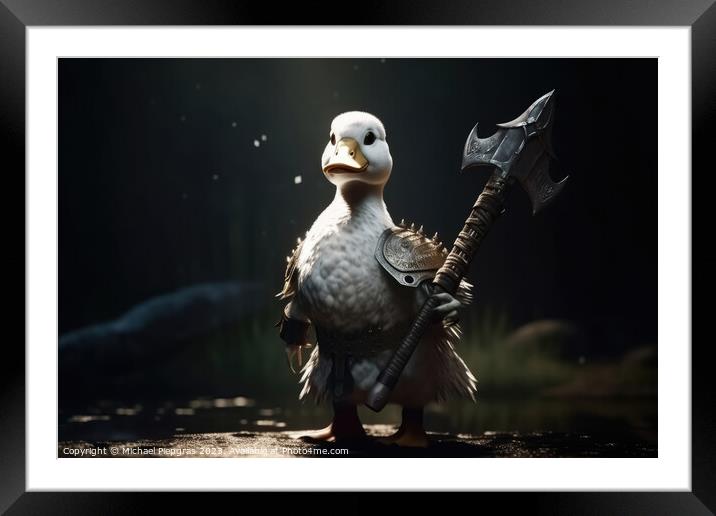 A white duck as a barbarian with a big axe and shining armour cr Framed Mounted Print by Michael Piepgras