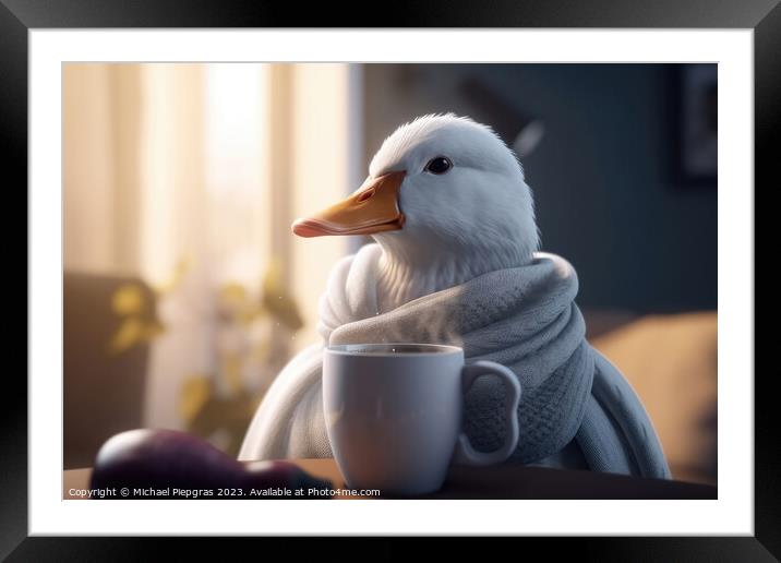 A white duck wearing a scarf and having a coffee created with generative AI technology Framed Mounted Print by Michael Piepgras