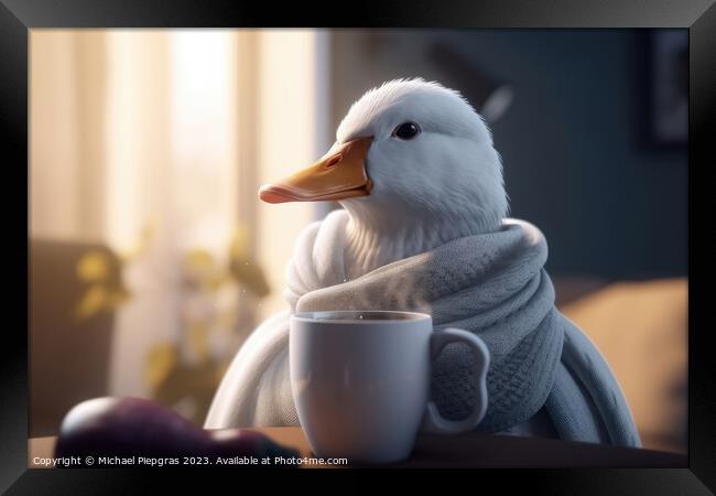 A white duck wearing a scarf and having a coffee created with generative AI technology Framed Print by Michael Piepgras