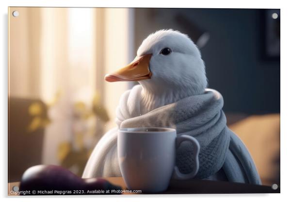 A white duck wearing a scarf and having a coffee created with generative AI technology Acrylic by Michael Piepgras