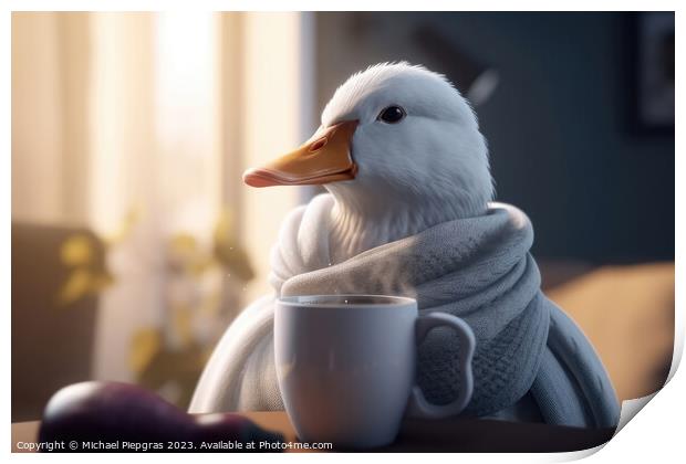 A white duck wearing a scarf and having a coffee created with generative AI technology Print by Michael Piepgras