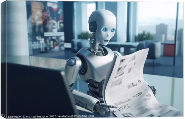 AI Robot reading a newspaper in an office created with generativ Canvas Print by Michael Piepgras