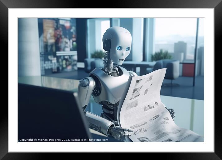 AI Robot reading a newspaper in an office created with generativ Framed Mounted Print by Michael Piepgras