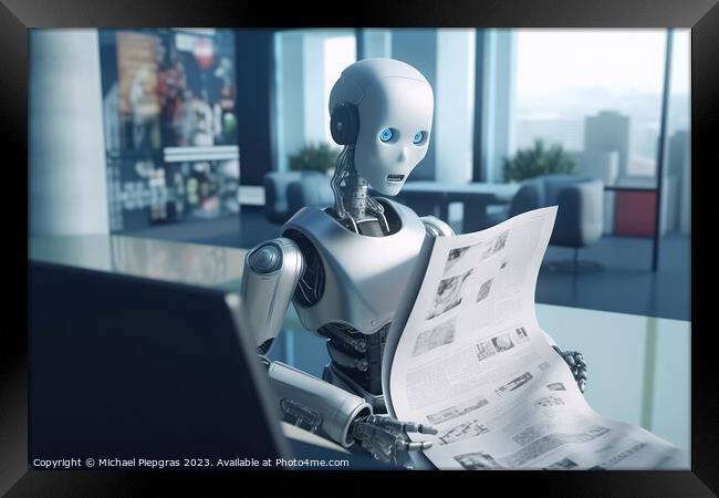 AI Robot reading a newspaper in an office created with generativ Framed Print by Michael Piepgras