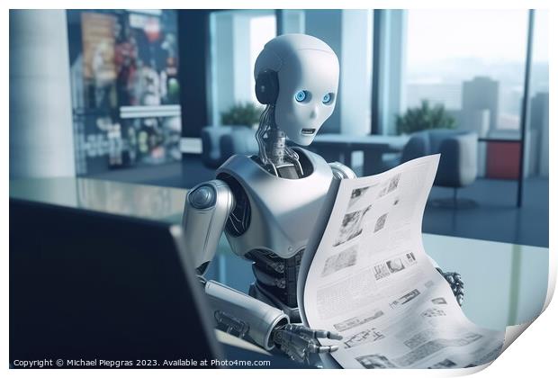 AI Robot reading a newspaper in an office created with generativ Print by Michael Piepgras