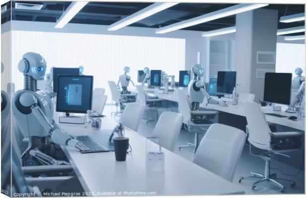 AI robots sitting at work in the open-plan office of a call cent Canvas Print by Michael Piepgras