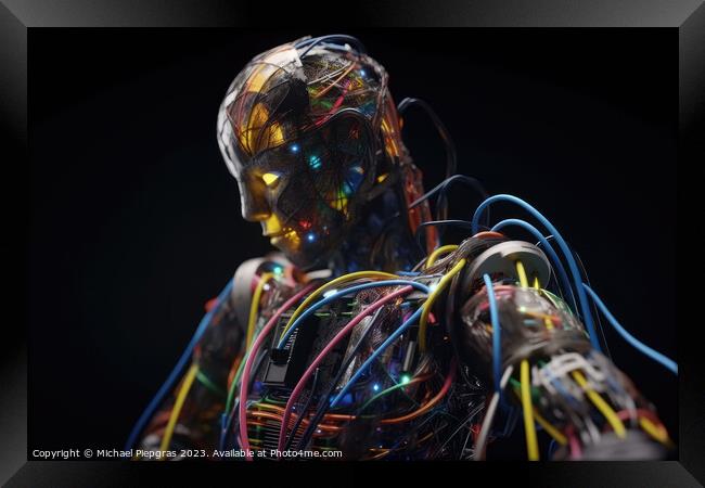 An AI robot almost completely wrapped in brightly coloured fibre Framed Print by Michael Piepgras