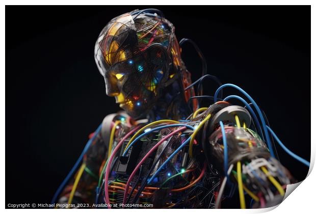 An AI robot almost completely wrapped in brightly coloured fibre Print by Michael Piepgras