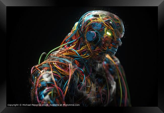 An AI robot almost completely wrapped in brightly coloured fibre Framed Print by Michael Piepgras