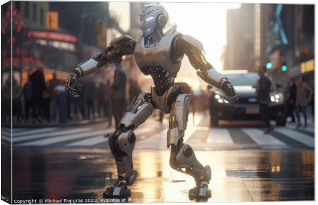 An AI robot dancing in a busy street for some money created with Canvas Print by Michael Piepgras