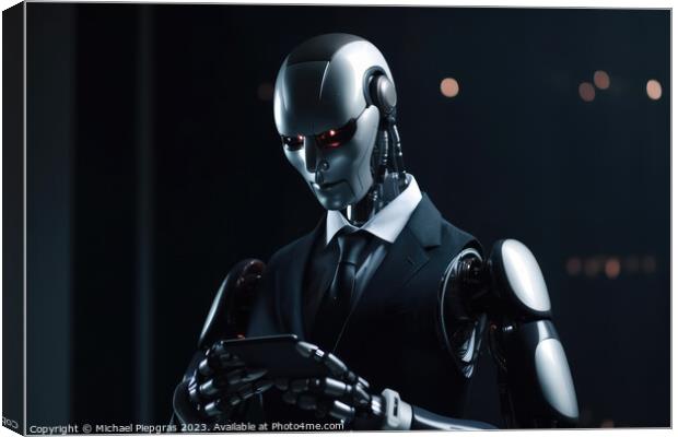 An AI robot in a business suit looks at its smartphone created w Canvas Print by Michael Piepgras