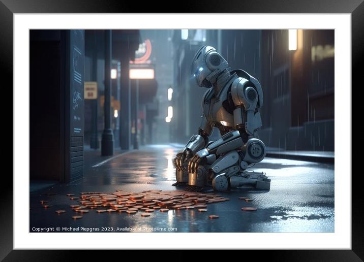 A homeless AI robot sitting on a street corner begging for a few Framed Mounted Print by Michael Piepgras