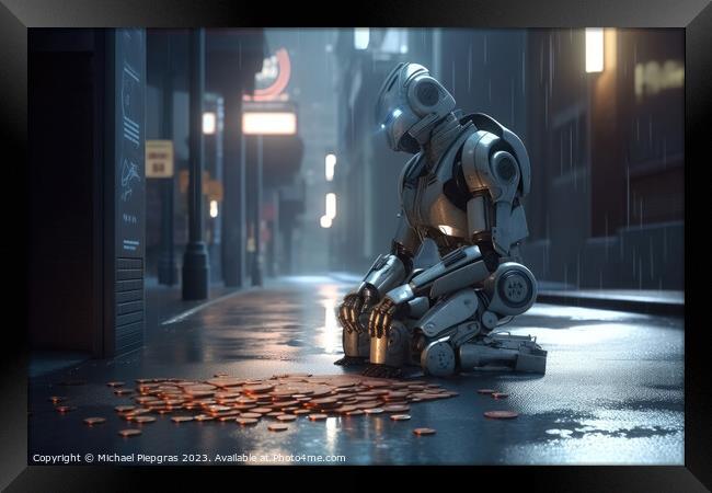A homeless AI robot sitting on a street corner begging for a few Framed Print by Michael Piepgras
