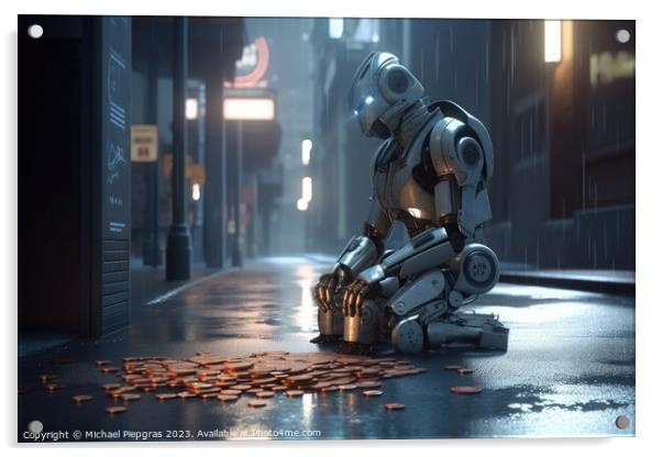 A homeless AI robot sitting on a street corner begging for a few Acrylic by Michael Piepgras