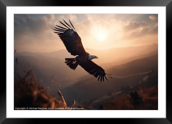 An eagle escaping the sun on the wings of freedom created with g Framed Mounted Print by Michael Piepgras
