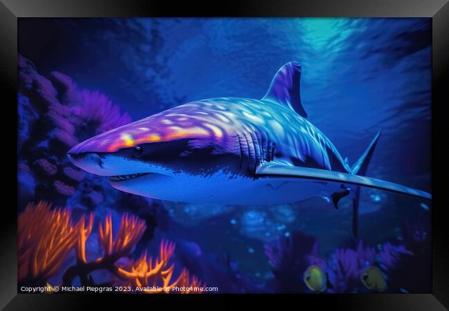 Blacklight Painting of a shark in the Ocean created with generat Framed Print by Michael Piepgras