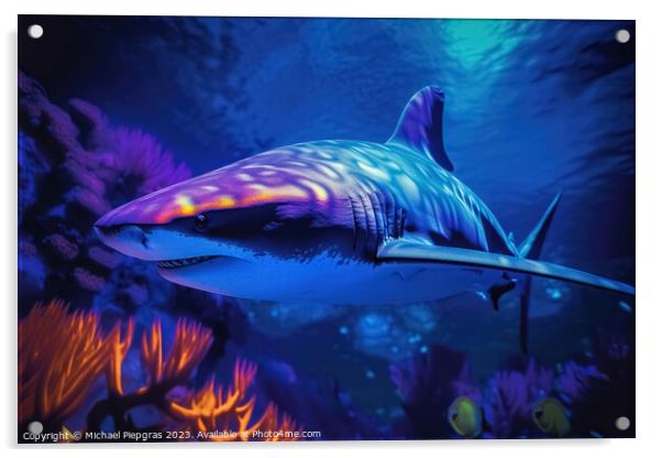 Blacklight Painting of a shark in the Ocean created with generat Acrylic by Michael Piepgras