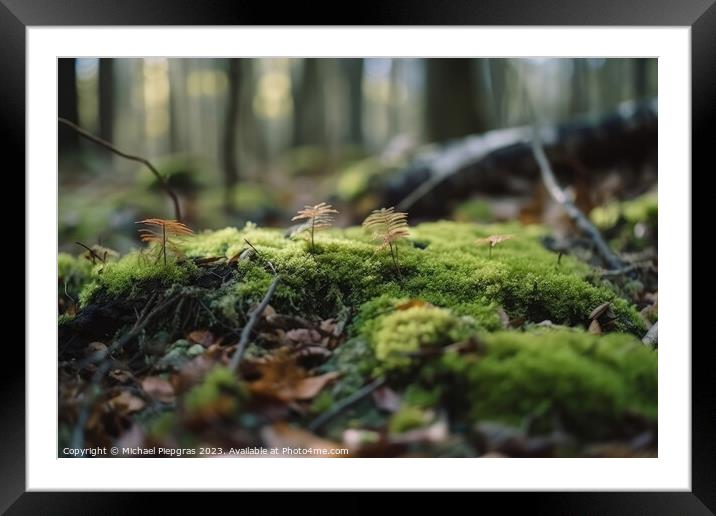 Close up view on a forest ground with a lot of moss and little b Framed Mounted Print by Michael Piepgras