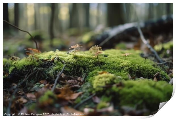 Close up view on a forest ground with a lot of moss and little b Print by Michael Piepgras