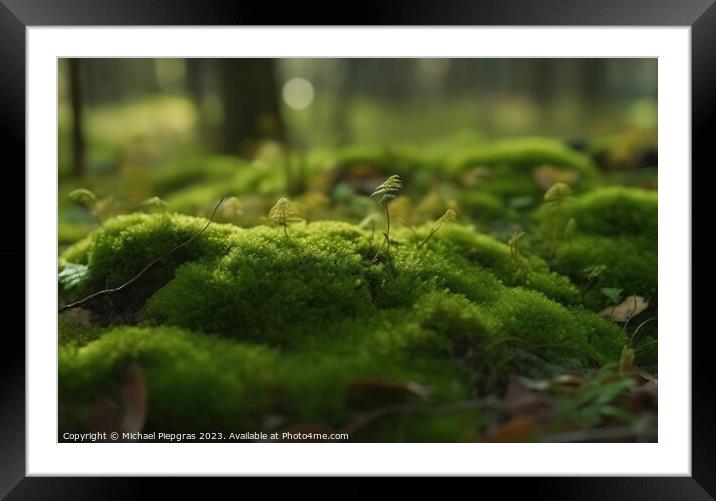 Close up view on a forest ground with a lot of moss and little b Framed Mounted Print by Michael Piepgras