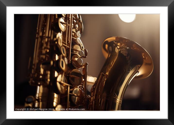 Close-up of a saxophone with reflections and a soft bokeh of lig Framed Mounted Print by Michael Piepgras