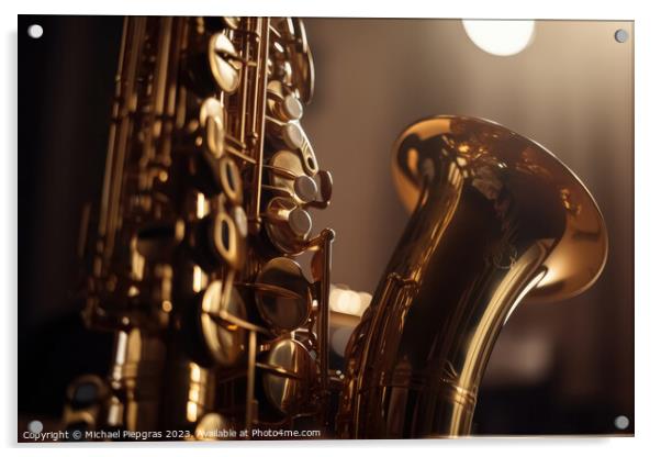 Close-up of a saxophone with reflections and a soft bokeh of lig Acrylic by Michael Piepgras