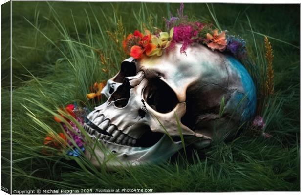 Colorful flowers growing out of a skull some grass on the ground Canvas Print by Michael Piepgras