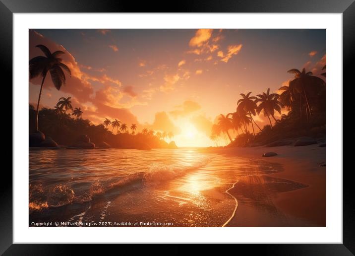 Dream beach at sunset in a tropical paradise created with genera Framed Mounted Print by Michael Piepgras