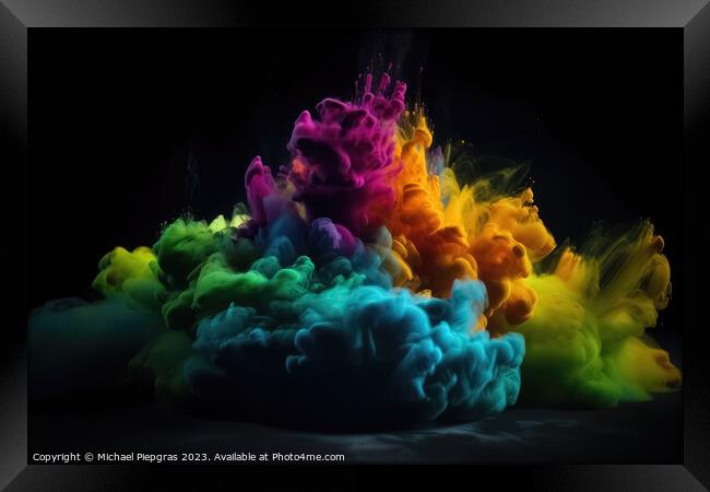 Exploding colour powder in rainbow colours on a black background Framed Print by Michael Piepgras