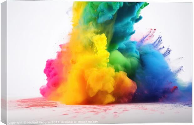 Exploding colour powder in rainbow colours on a white background Canvas Print by Michael Piepgras