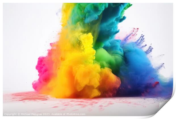 Exploding colour powder in rainbow colours on a white background Print by Michael Piepgras