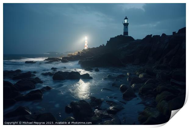 Long exposure of a rocky coast with a lighthouse on it created w Print by Michael Piepgras