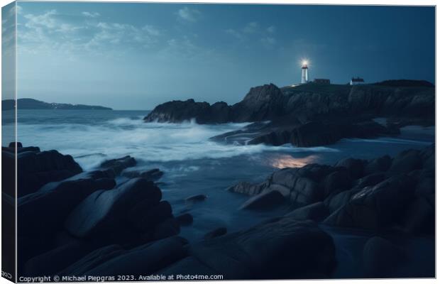 Long exposure of a rocky coast with a lighthouse on it created with generative AI technology Canvas Print by Michael Piepgras