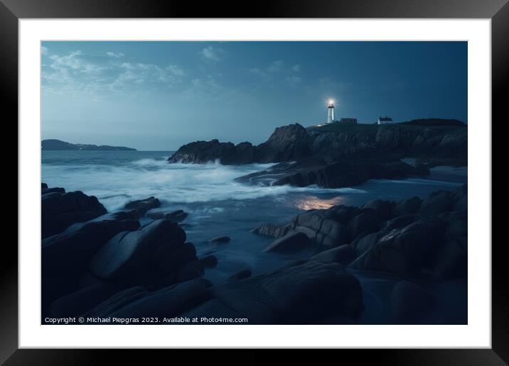 Long exposure of a rocky coast with a lighthouse on it created with generative AI technology Framed Mounted Print by Michael Piepgras