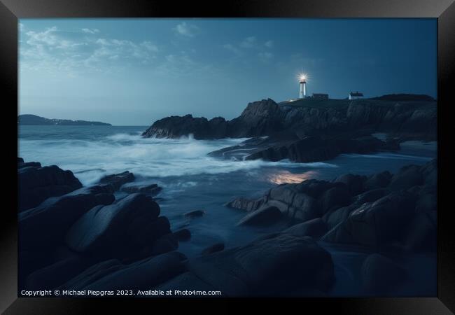 Long exposure of a rocky coast with a lighthouse on it created with generative AI technology Framed Print by Michael Piepgras