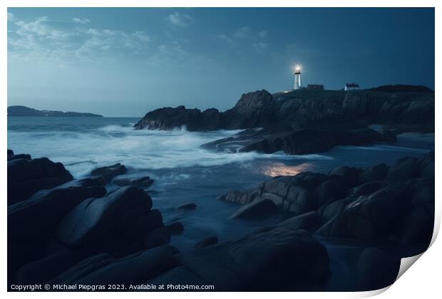 Long exposure of a rocky coast with a lighthouse on it created with generative AI technology Print by Michael Piepgras