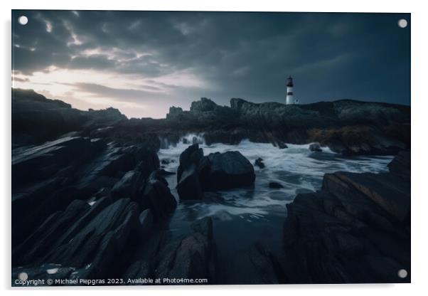 Long exposure of a rocky coast with a lighthouse on it created w Acrylic by Michael Piepgras