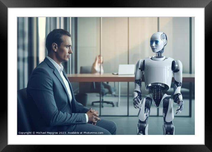 Man and AI robot waiting for the same job interview created with Framed Mounted Print by Michael Piepgras