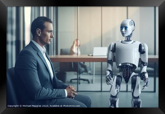 Man and AI robot waiting for the same job interview created with Framed Print by Michael Piepgras