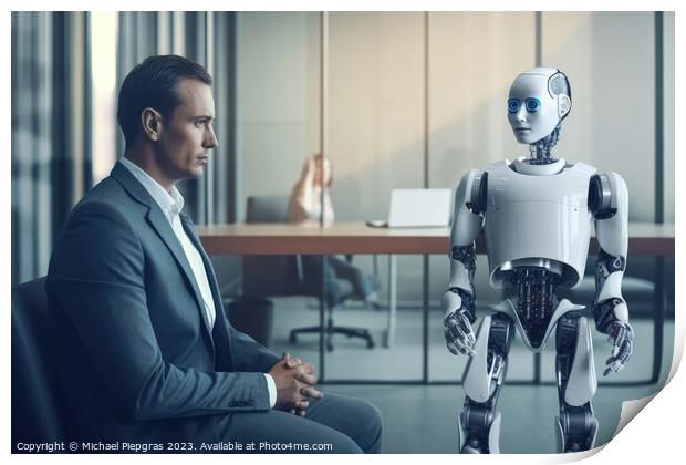 Man and AI robot waiting for the same job interview created with Print by Michael Piepgras