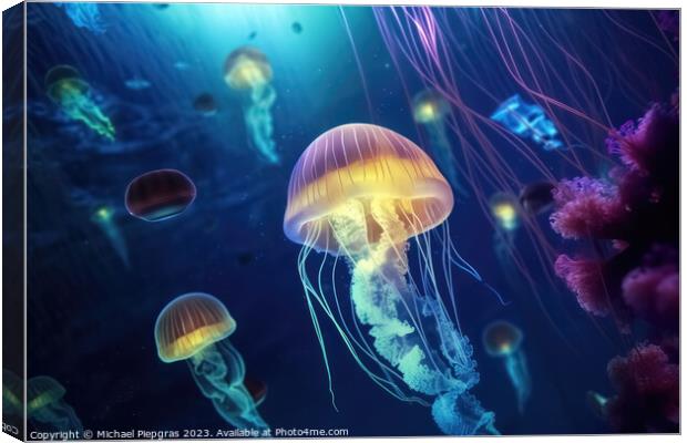 Multiple brightly coloured jellyfish in the depths of the ocean  Canvas Print by Michael Piepgras
