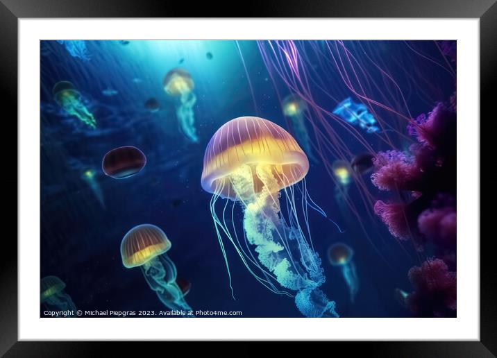 Multiple brightly coloured jellyfish in the depths of the ocean  Framed Mounted Print by Michael Piepgras