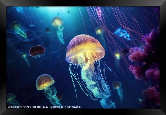 Multiple brightly coloured jellyfish in the depths of the ocean  Framed Print by Michael Piepgras